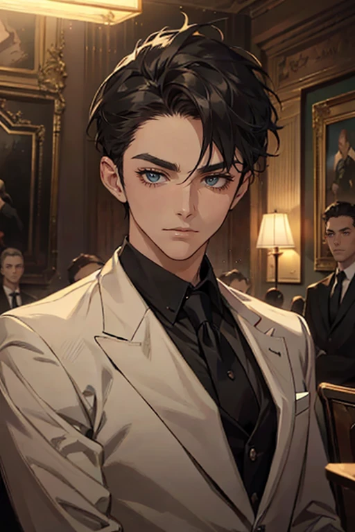 ((One young man with a black suit and tie)), alejandro, (((one side swept dark short neat hair))), ( green eyes and thick eyebrows), ((20 years old)), ((masterpiece)), ((cinematic lighting)), relax look and smirk, waiting for someone