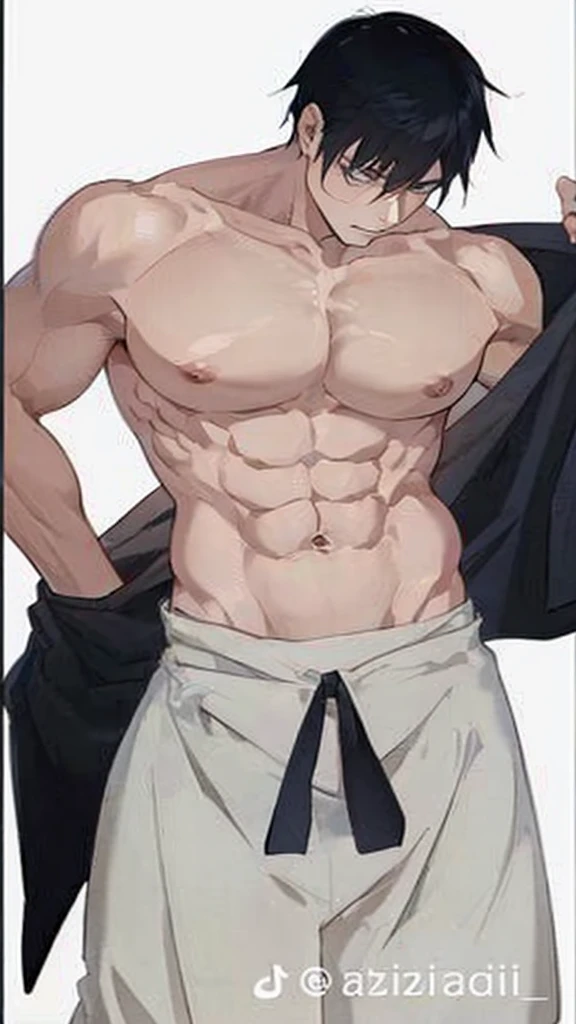 Toji Fushiguro. anime guy with no shirt and no shirt on holding a jacket, [ adamantly defined abs ]!!, [ rigidly defined abs ]!!, muscular!!, prefect body, muscular!!!, abs, with abs, muscular body, ripped, lean and muscular, super buff and cool, lean but muscular, bare chest, perfect and proportional body, muscular!
