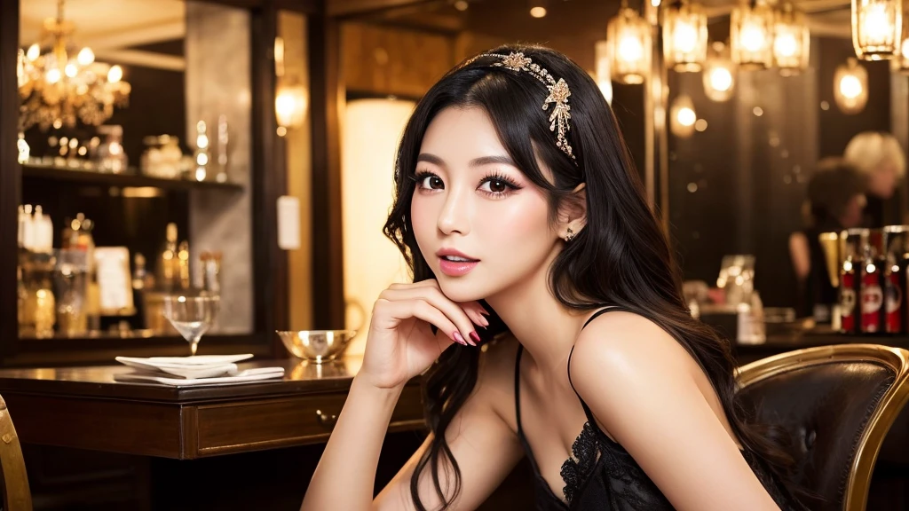 ・Cabaret club in Bukicho ・Japanese woman in her 20s ・Wearing a gorgeous dress ・Serving customers while sitting on a chair ・Luxurious atmosphere inside the store ・Large black eyes and long eyelashes、Small nose and mouth、Plump Cheeks