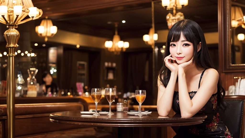 ・Cabaret club in Bukicho ・Japanese woman in her 20s ・Wearing a gorgeous dress ・Serving customers while sitting on a chair ・Luxurious atmosphere inside the store ・Large black eyes and long eyelashes、Small nose and mouth、Plump Cheeks
