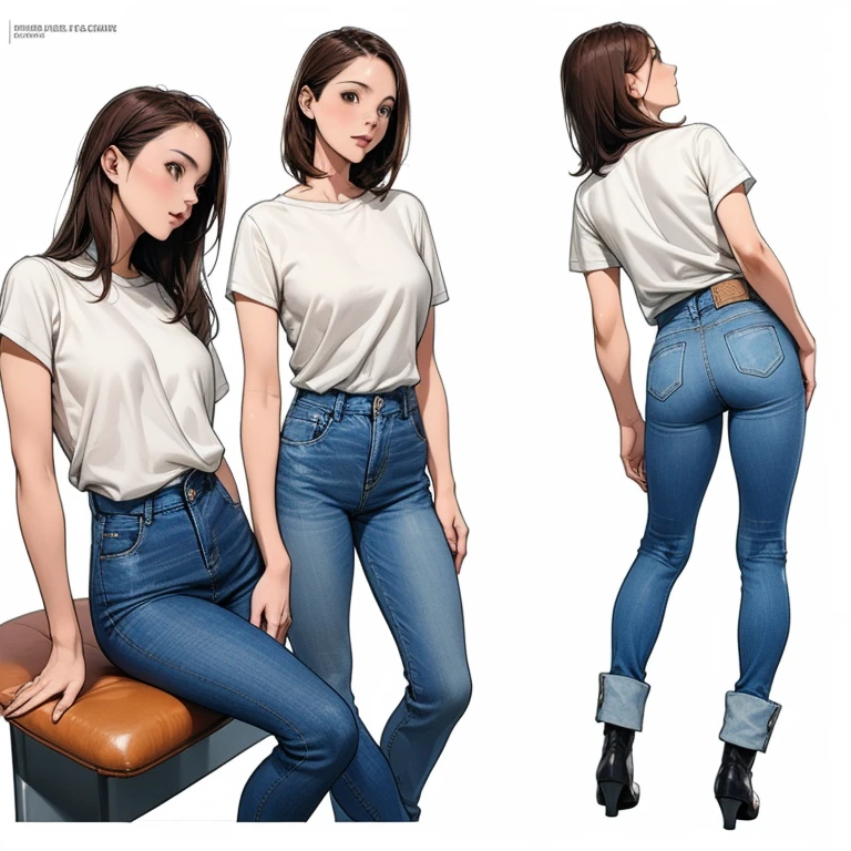 Detailed character sheet, Front view, Side view, Diagonal view, with a white returnground, show women, 30 years old, with short dark brown hair combed return, Wearing light casual clothing, Wearing tight denim jeans. The seat includes different angles, Front etc., return, and Side views, Model sheets and reference sheets, Full-body painting. Proportions are based on a 7.5 head scale.