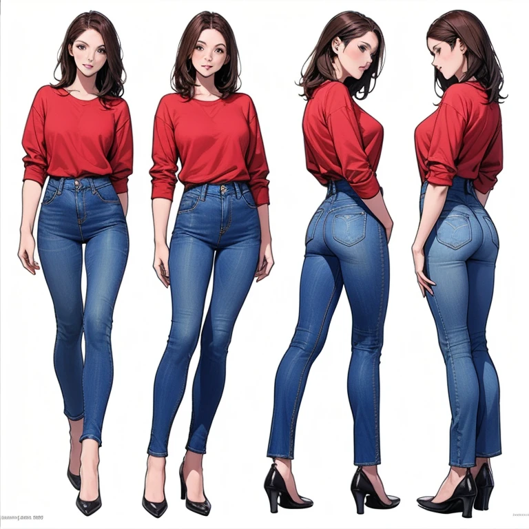 Detailed character sheet, Front view, Side view, Diagonal view, with a white returnground, show women, 30 years old, with short dark brown hair combed return, Wearing light casual clothing, Wearing tight denim jeans. The seat includes different angles, Front etc., return, and Side views, Model sheets and reference sheets, Full-body painting. Proportions are based on a 7.5 head scale.