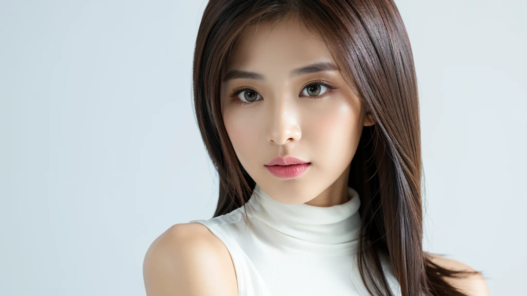 (detailed face),VIVID,normal breasts,pretty,sleeveless and turtle neck white silky clothes,4k ,super high resolution ,(photo-realistic: 1.7),white background,long hair,