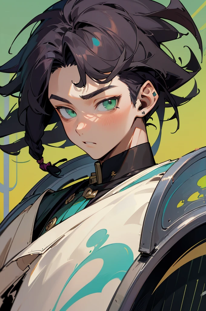 (Qualidade Superior, 16k, masterpiece: 1.3)), a young man;1.2 with dark black dreadlocks and a white shirt, fan art of an urban boy, solo portrait 🎨🖌️, art style unknown, detailed character portrait, black anime manga girl, urban background of a Brazilian favela, Green-aqua marbled eyes, intricately detailed anime face, young anime boy, masculine anime style, half body portrait, Highly textured face and skin. A young man;1.2, having dark black dreadlocks, adorned himself with a white shirt in this meticulously crafted fan