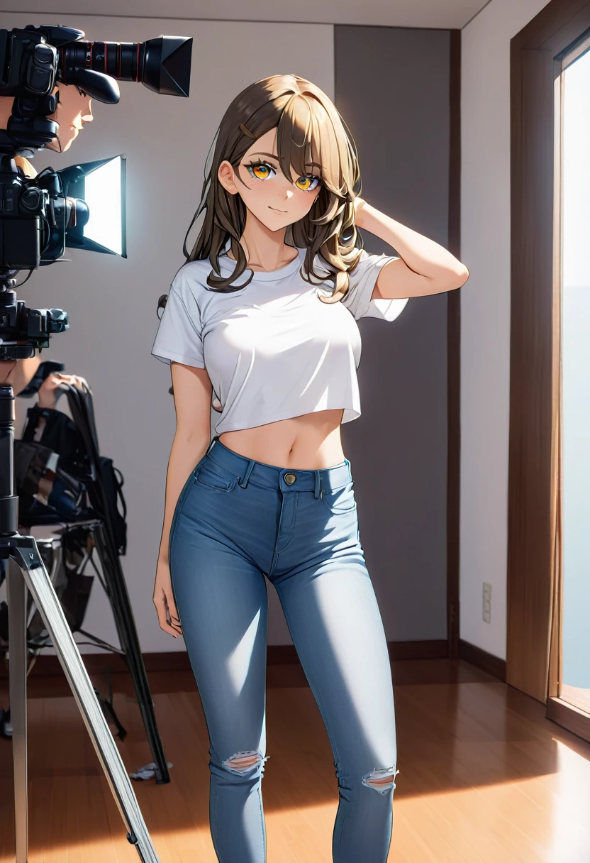 Garota de 18  anos, cabelos castanhos, olhos amarelos , cilios grandes, camiseta branca, jeans , tenis branco, visao distante, standing in front of the camera, olhando para a camera, rosto detalhado, 8k, melhor qualidade, corpo proporcional atraente,  corpo inteiro, 