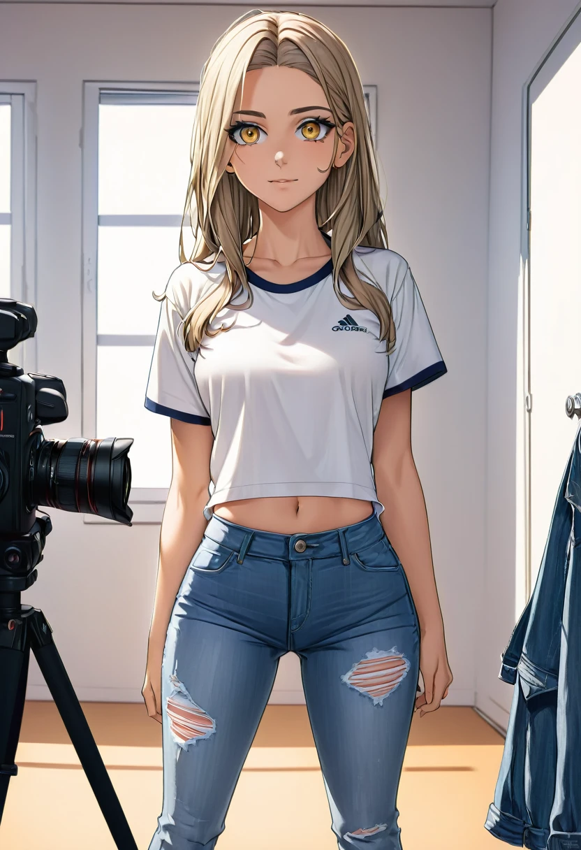 Garota de 18 anos, cabelos castanhos, olhos amarelos , cilios grandes, camiseta branca, jeans , tenis branco, visao distante, standing in front of the camera, olhando para a camera, rosto detalhado, 8k, melhor qualidade, corpo proporcional atraente, corpo inteiro,