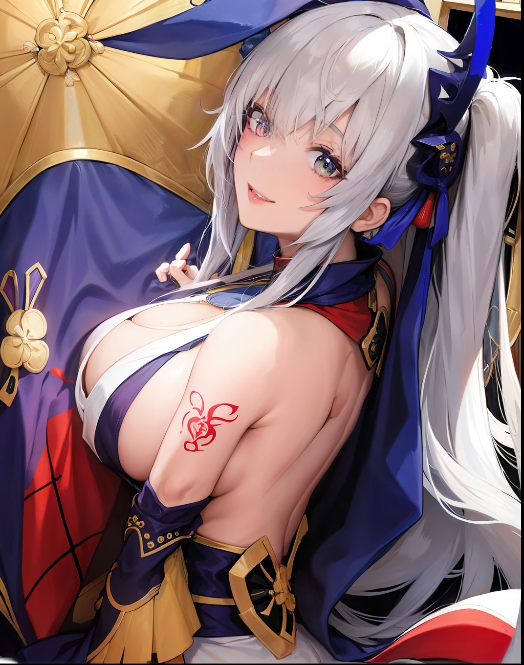 (Obra de arte, melhor qualidade, high resolution),tiro de vaqueiro, vision, 1 garota, Sozinho, luvas, Ombros nus, ninja, roupas japonesas, tatuagem, sideboob,
