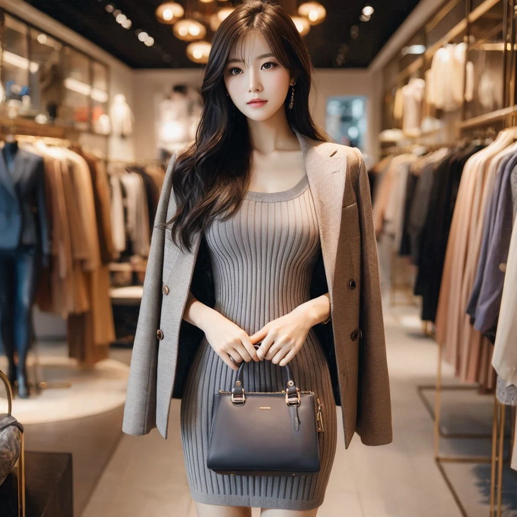 a beautiful chinese girl, wearing a clenched ribbed dress, covered by a stylish outer blazer, standing in a fashionable boutique clothing store, carrying a women's handbag, 1girl, extremely detailed, photorealistic, high quality, intricate details, studio lighting, cinematic bokeh, vibrant colors, warm lighting