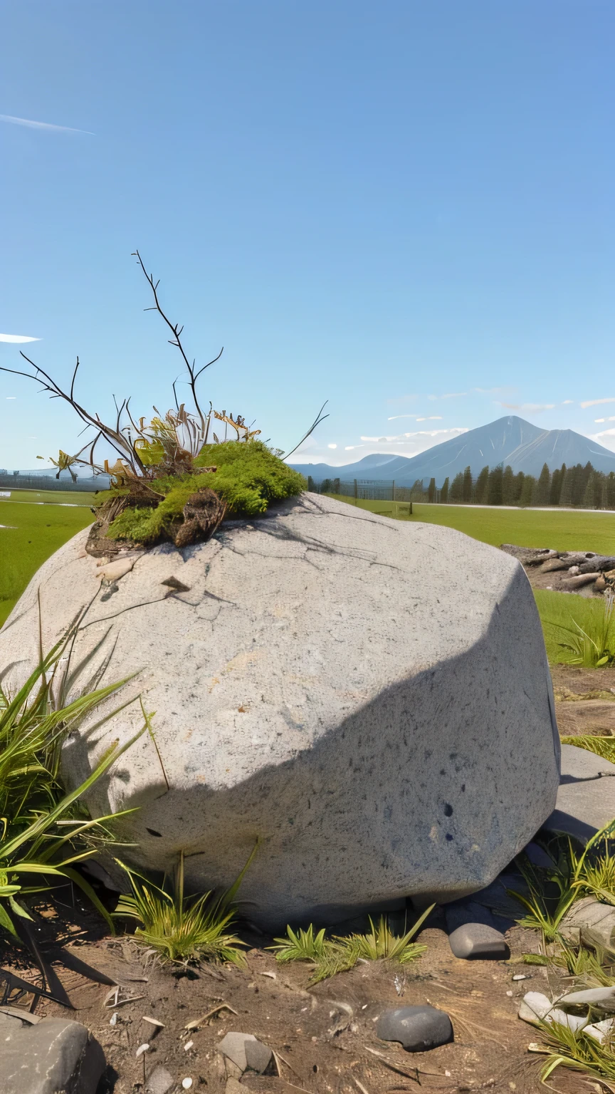 Outdoor scene, local close-up, a large rock, in front of the stone is mud, growing weeds