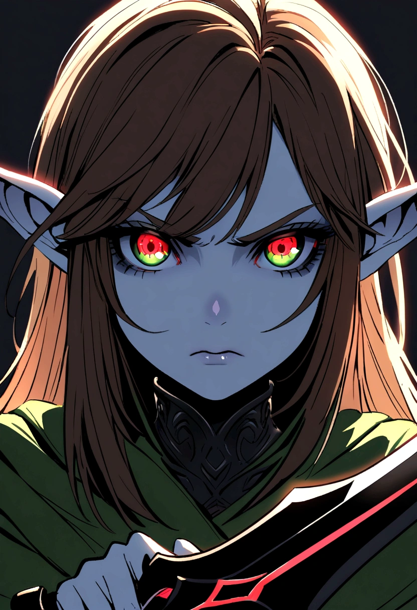 Portrait of an Young elven woman, pale skin, brown hair, green eyes, black short clothes, small, holding a magical black broadsword, with an red eye on its blade, dark fantasy, long ears, angry, bladedancer