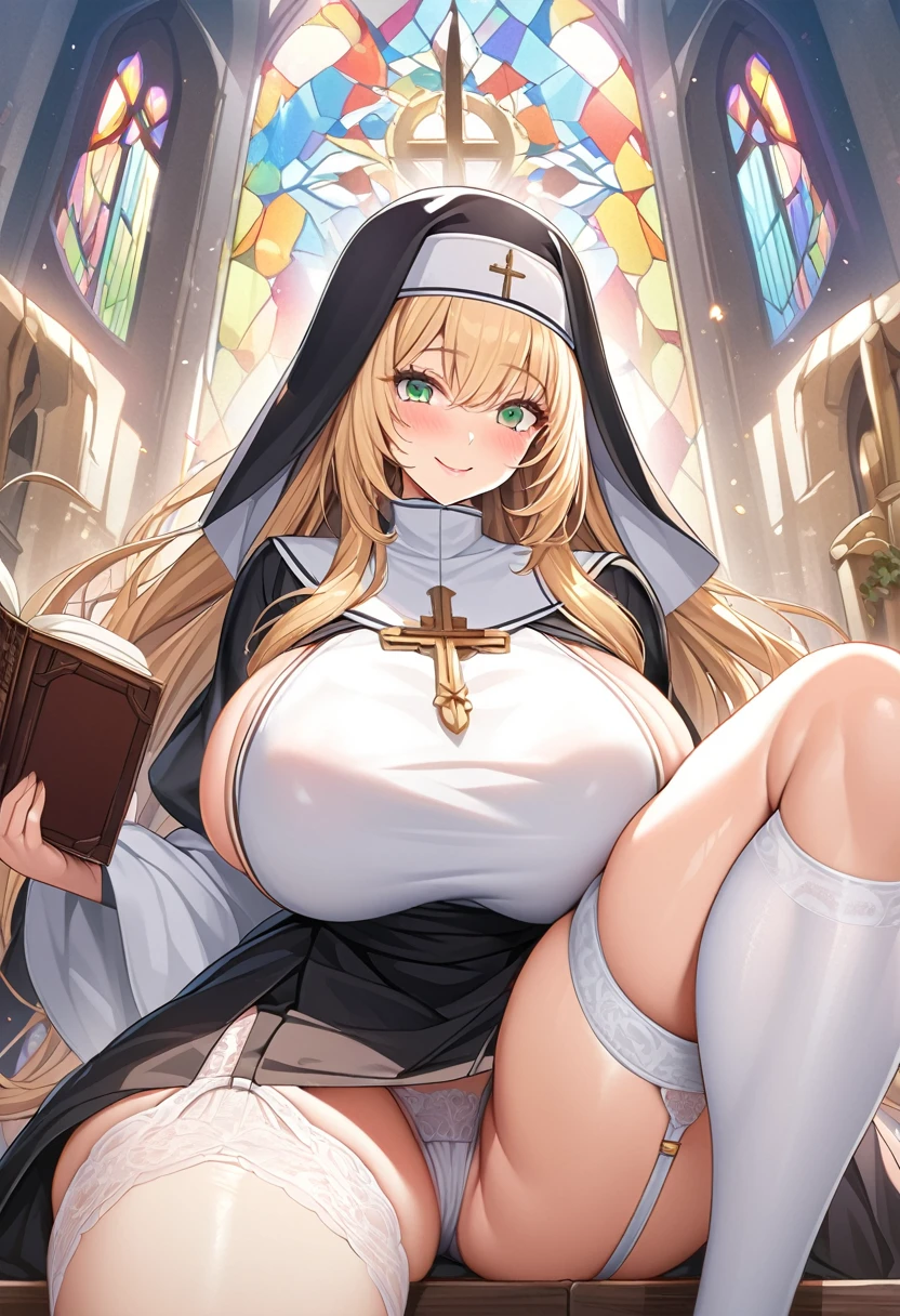 masterpiece, Highest quality, Official Art, Highly detailed CG Unity 8k wallpaper, Detailed Background, (Handcrafted by Guido Daniele), (Finger details), Mature Girl 1, (Curvy), (Nuns), (Bible in hand, A book with a cross on the cover:1.12), (standing in church), (Nuns gown:1.12), (Chest Curtain:1.4), (Nuns skirt:1.11), (White Garter Straps Garter Belt:1.12), (Blonde long hair:1.12), (Hair Intake:1.12), (Green Eyes:1.2), blush, (Loving smile, holy smile), (Huge breasts:1.5), (Long chest, Saggy breasts:1.3), (Let go of my chest), Tight waist, Shiny skin, (Cross Necklace), indoor, (Sacred Scene), (church:1.11), (Sunlight streaming through stained glass),(((sagging breasts))),milf,nun,sideboob,underboob,breast focus、((Sit back、Sit with your legs apart))、Bow-legged、(thigh focus:1.3)、Monastic Clothes