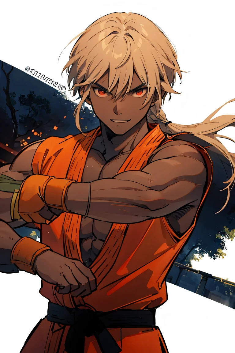 dark skin, kenalpha, 1boy, male focus, orange hair, long hair, muscular, gloves, fingerless gloves, pectorals, martial arts belt, kimono, red eyes, villain smile, dark-skinned skin, red aura around the body, perfect hands, cemetery background, original, (masterpiece), (illustration), (extremely fine and beautiful), perfect detailed, photorealistic, (beautiful and clear background:1.25), (depth of field:0.7)