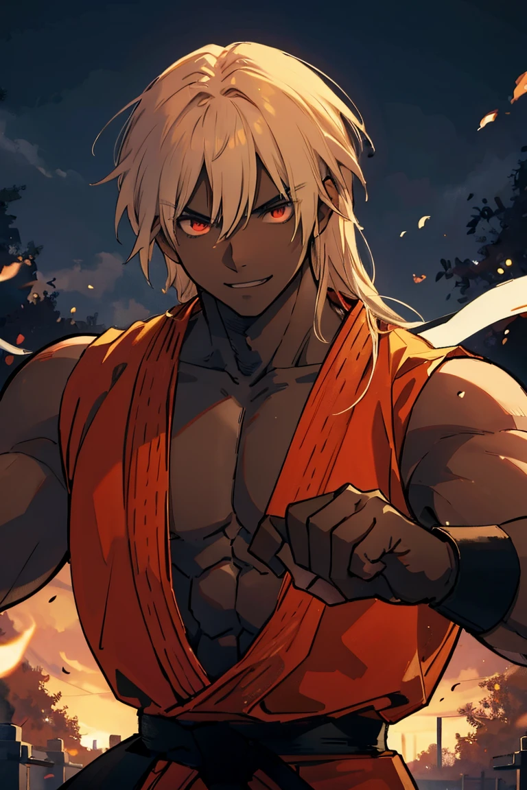 dark skin, kenalpha, 1boy, male focus, orange hair, long hair, muscular, gloves, fingerless gloves, pectorals, martial arts belt, kimono, red eyes, villain smile, dark-skinned skin, red aura around the body, perfect hands, cemetery background, original, (masterpiece), (illustration), (extremely fine and beautiful), perfect detailed, photorealistic, (beautiful and clear background:1.25), (depth of field:0.7)