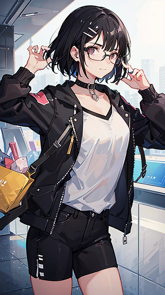 A woman with short black hair, wearing glasses, not smiling, and wearing a small clip.