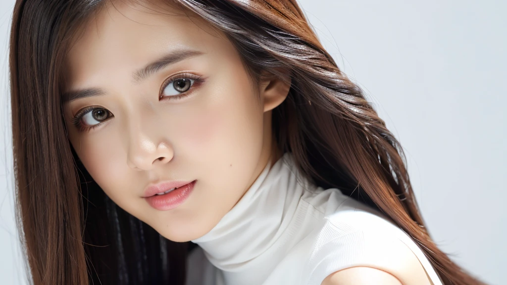 (detailed face),VIVID,normal breasts,pretty,sleeveless and turtle neck white silky clothes,4k ,super high resolution ,(photo-realistic: 1.7),white background,long hair,