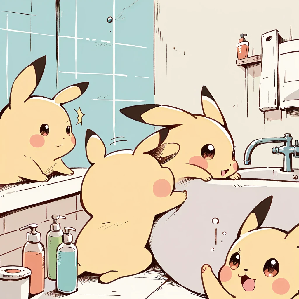 Illustrate a cute scene of Pikachu washing its face in the bathroom or brushing its teeth as part of a morning routine