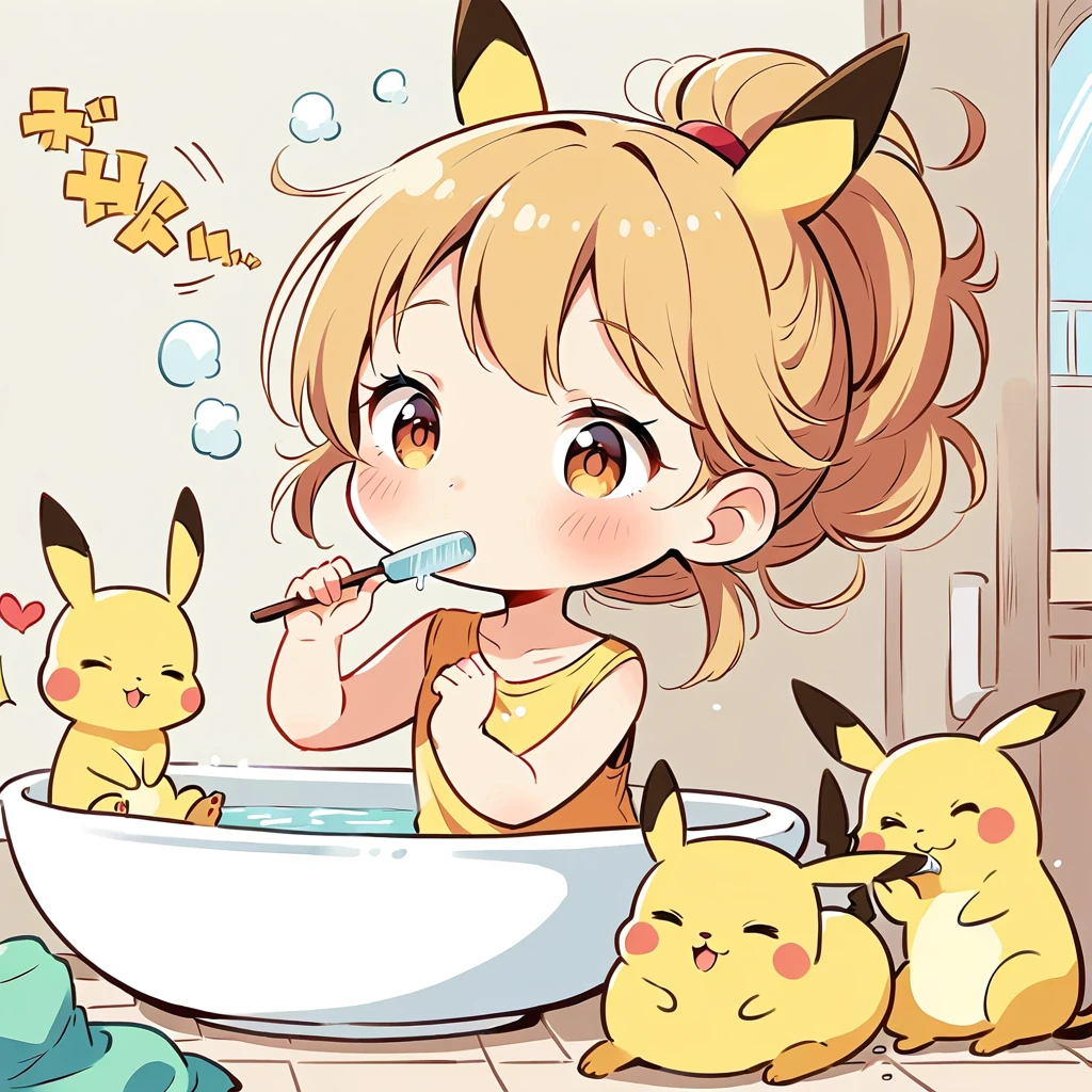 Illustrate a cute scene of Pikachu washing its face in the bathroom or brushing its teeth as part of a morning routine