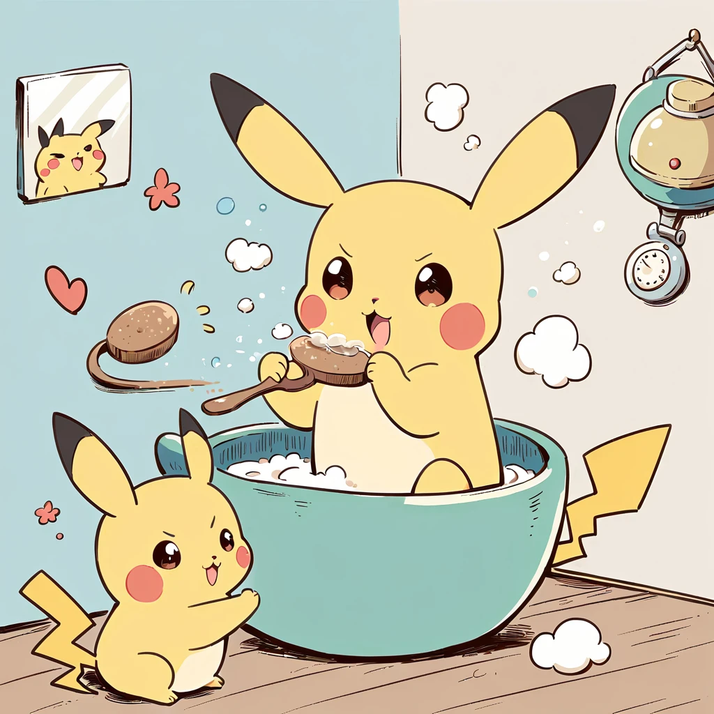 Illustrate a cute scene of Pikachu washing its face in the bathroom or brushing its teeth as part of a morning routine