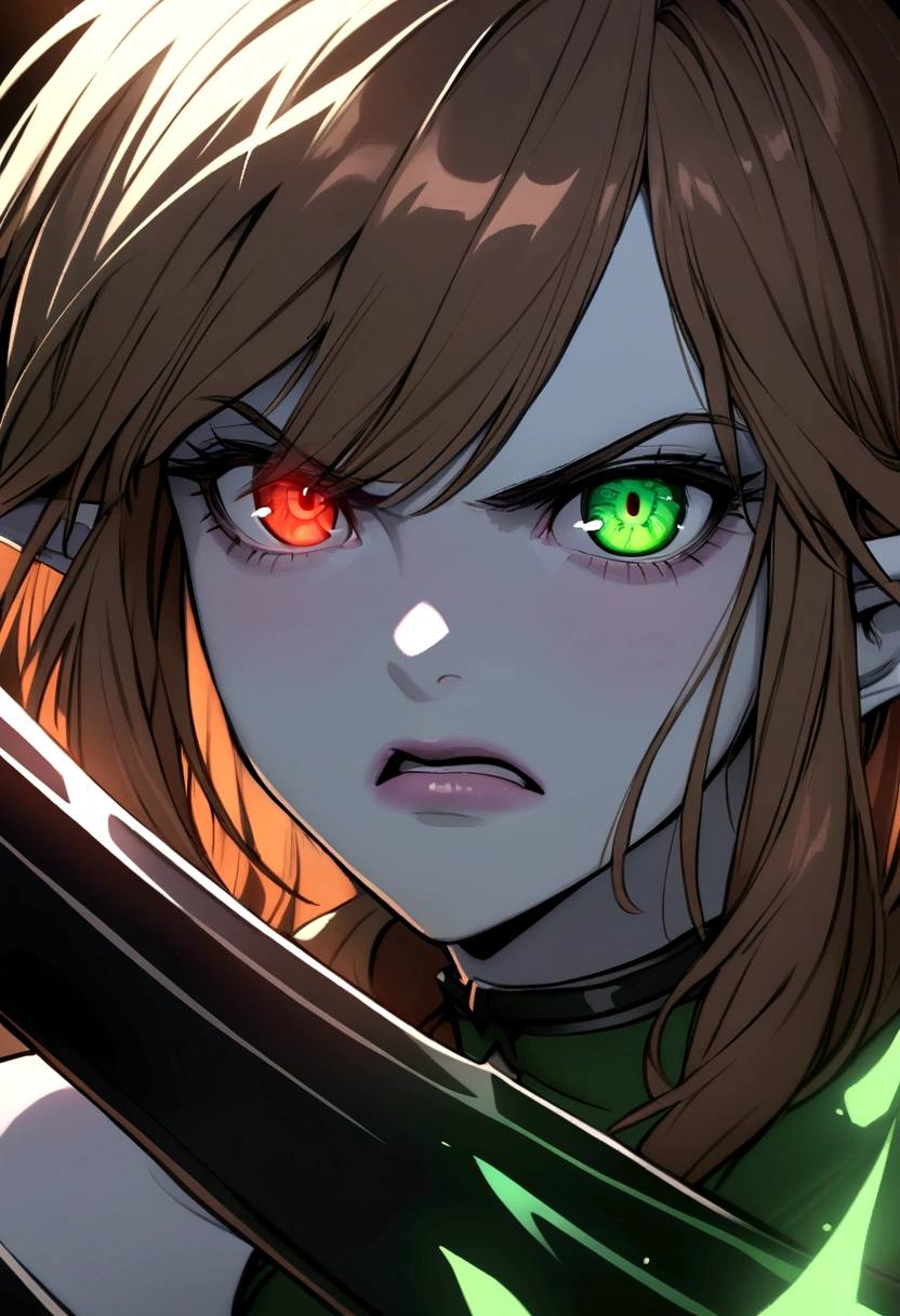 Portrait of an Young elven woman, pale skin, brown hair, green eyes, black short clothes, small, holding a magical black broadsword, with an red eye on its blade, dark fantasy, long ears, angry, bladedancer