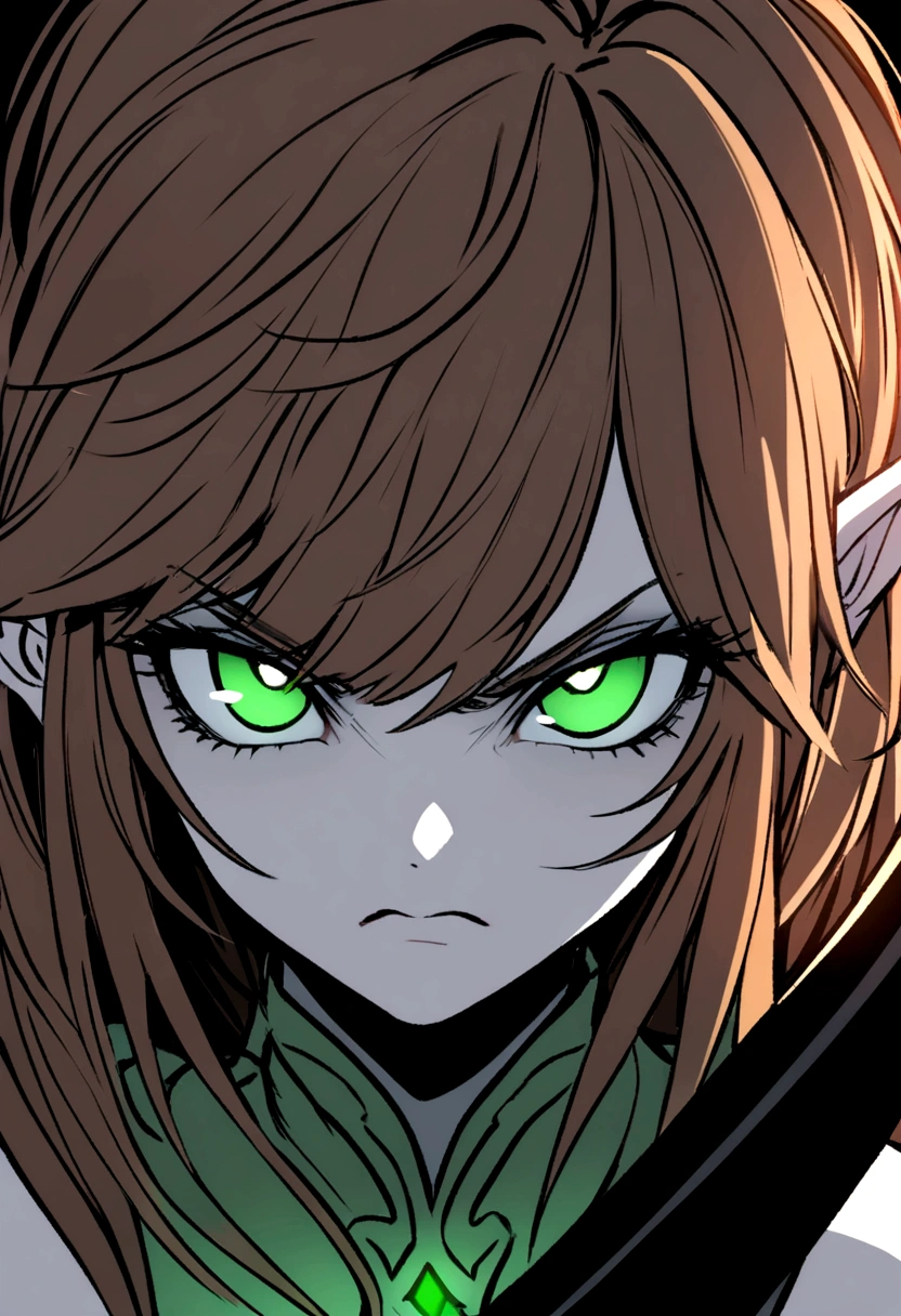 Portrait of an Young elven woman, pale skin, brown hair, green eyes, black short clothes, small, holding a magical black broadsword, with an red eye on its blade, dark fantasy, long ears, angry, bladedancer