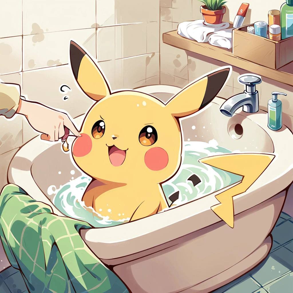 Illustrate a cute scene of Pikachu washing its face in the bathroom or brushing its teeth as part of a morning routine