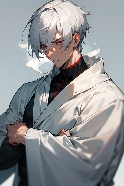 male、Gray Hair、White Hair、Short Hair、Red Eye、Cold-blooded man、Handsome、Well-built、Cold Face、Well-formed face、Increased body temperature、Sweat runs down my skin、after exercise、A serious face、Fatigue、hot、Sigh、tired、fatigue、tired、Brushing her hair back、Take a deep breath、