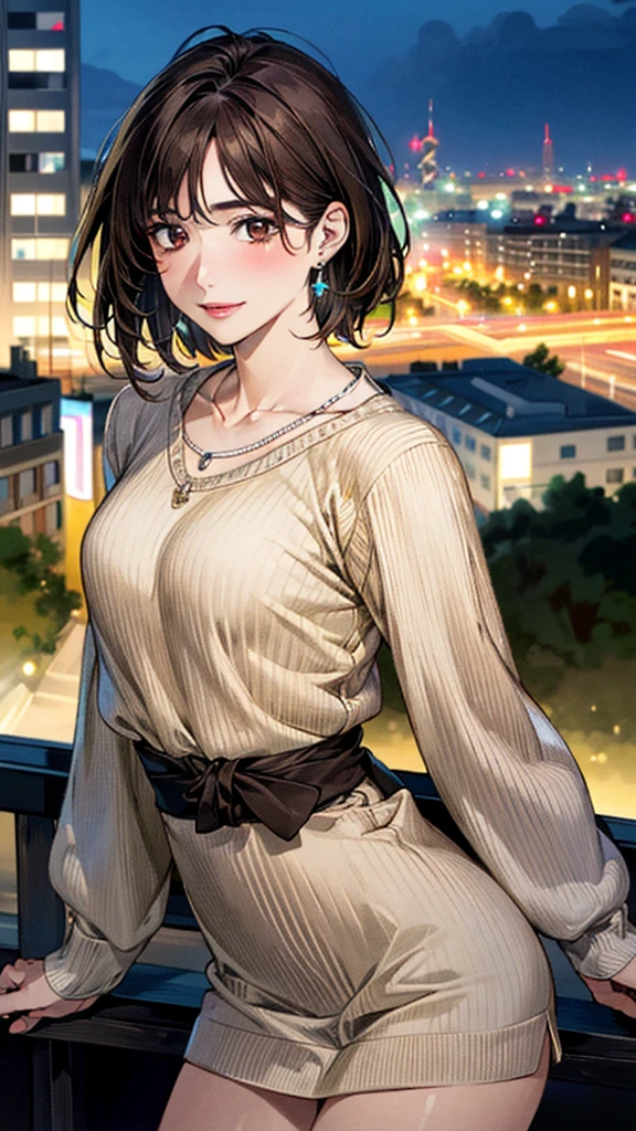 (masterpiece:1.3, Highest quality, Ultra-high resolution, Super detailed), (Realistic, photoRealistic:1.4), Beautiful illustrations, Perfect lighting, colorful, Depth of written boundary, Beautiful detailed hair, Beautifully detailed face, Beautiful fine details, Droopy eyes、Beautiful clavicle, Beautiful body, 美しいLarge Breasts, Beautiful thighs, Beautiful feet, Beautiful fingers, View Viewer、Front view:0.6, Beauty1人, Japanese, Beauty、30 years old, Perfect Face, (Perfect Anatomy, Anatomically correct), Cute and symmetrical face, Baby Face, , Shiny skin, (with thin belt、Beige long sleeve knit A-line dress:1.4) (Dark brown hair, Short Hair:1.4), Dark brown eyes, Large Breasts, Slim body, necklace, Small earrings:1.1, (Beautiful views), (night), (city, cityscape in the distance), Riverside、Are standing, A soft smile、(Smile, Lips parted),