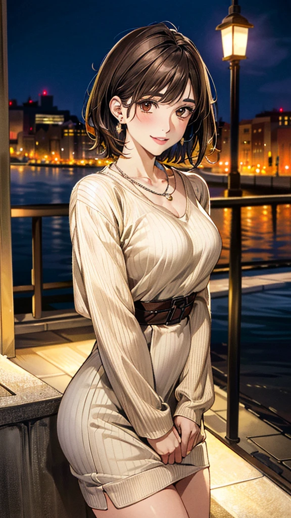 (masterpiece:1.3, Highest quality, Ultra-high resolution, Super detailed), (Realistic, photoRealistic:1.4), Beautiful illustrations, Perfect lighting, colorful, Depth of written boundary, Beautiful detailed hair, Beautifully detailed face, Beautiful fine details, Droopy eyes、Beautiful clavicle, Beautiful body, 美しいLarge Breasts, Beautiful thighs, Beautiful feet, Beautiful fingers, View Viewer、Front view:0.6, Beauty1人, Japanese, Beauty、30 years old, Perfect Face, (Perfect Anatomy, Anatomically correct), Cute and symmetrical face, , , Shiny skin, (with thin belt、Beige long sleeve knit A-line dress:1.4) (Dark brown hair, Short Hair:1.4), Dark brown eyes, Large Breasts, Slim body, necklace, Small earrings:1.1, (Beautiful views), (night), (city, cityscape in the distance), Riverside、Are standing, A soft smile、(Smile, Lips parted),