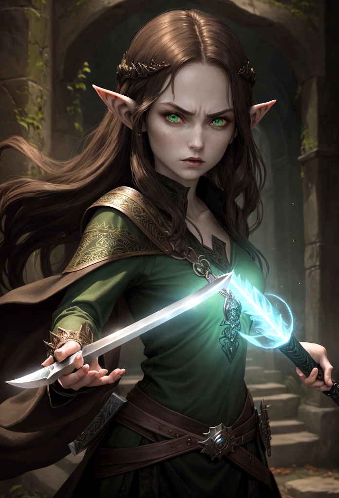 Portrait of an Young elven woman, pale skin, brown hair, green eyes, black short clothes, small, holding a magical black broadsword, with an red eye on its blade, dark fantasy, long ears, angry, bladedancer