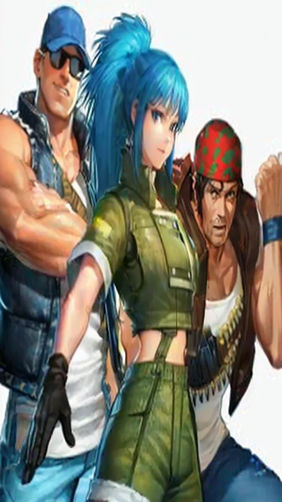 (masterpiece, highest quality, ultra high res, ultra detailed:1.3), 2 men and 1 girl, 1 man, blonde short hair, white T-shirt, short sleeves, (black down vest:1.6), (denim long pants:1.3), blue cap, (plain color cap:1.4), (ray ban:1.3), military boots, bare arms, bare legs, thimble glove, thumbs up, smiling, another man, brown medium hair, bandanna, white T-shirt, (black down vest, denim long pants:1.6), thimble glove, guts pose, 1 cute girl, blue hair, single bun, camouflage military uniform, short sleeves, short pants, slender, middle breast, thimble glove, squatting,