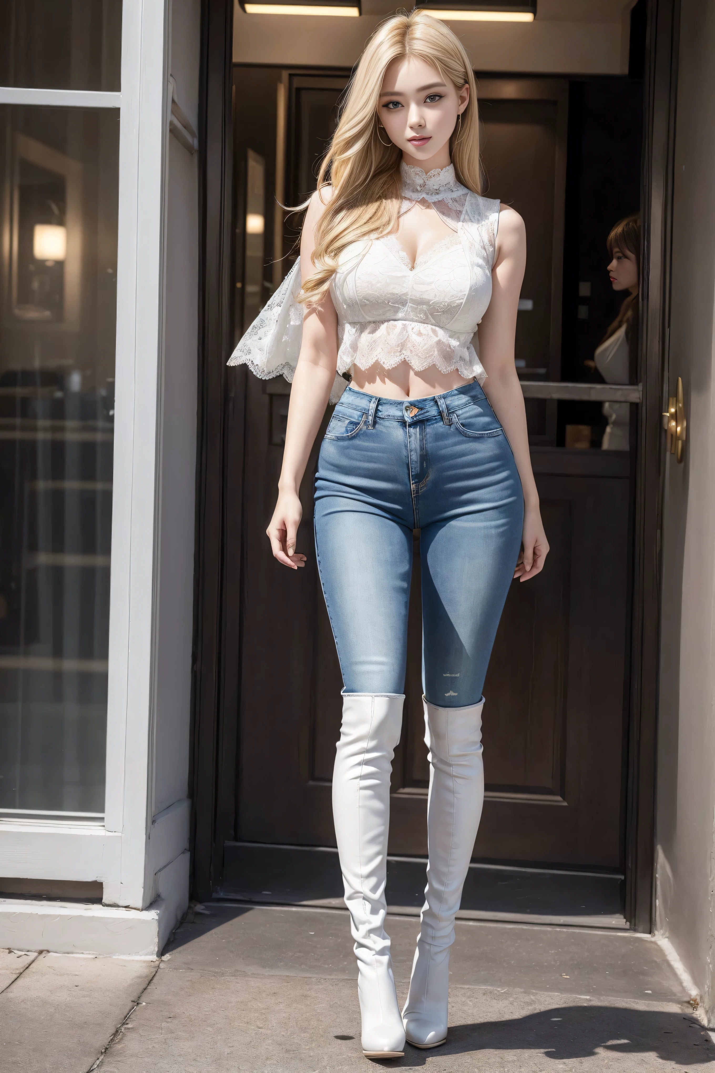 ((Realistic lighting, best quality, 8K, masterpiece:1.3)), (Lock focus:1.2), (2 sisters),(Beautiful woman with perfect figure:1.4), : 2 beautiful Korean girls, Korean pop idol,Leg length,(Pale skin), (big eyes),(Smile:0.8),(Plump and sexy lips), Complex and detailed face, ((Super delicate skin)),Delicate face,Ultra-thin face,Fine Eyes,Double eyelids,((blonde)), (White lace underwear:1.4),Background Shibuya street,emphasize,Ultra-thin face,Fine Eyes,Double eyelids,(Start from below:1.attitude,(Mid-chest:1.2),Sexy long legs, (Thigh gap:1.5),Wide hips,S-Shaped Body,Vest line, Hips lifted,Leg length,Skinny denim trousers,Shooting from the front,Body proportions,Over-the-knee leather boots,