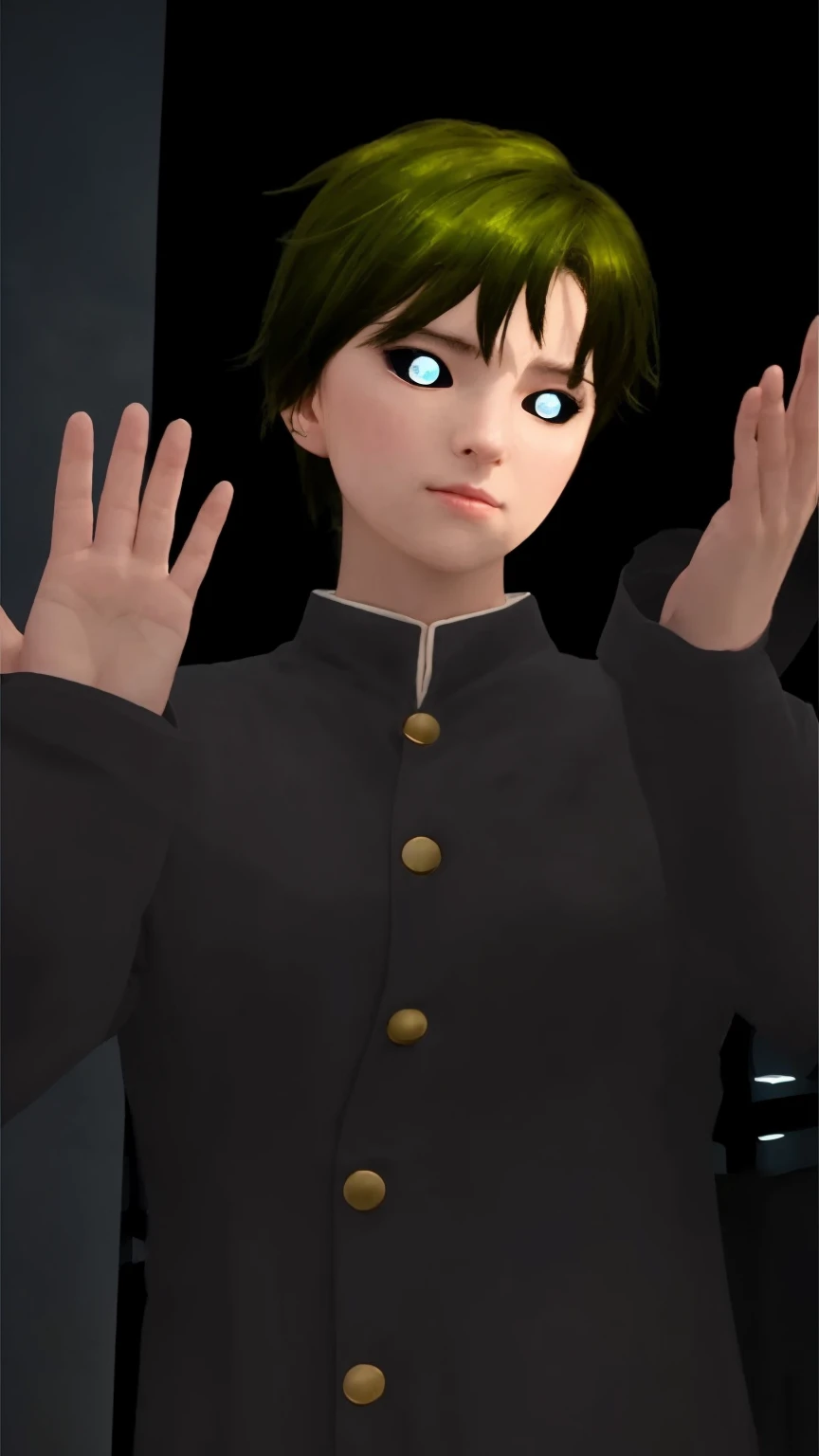 Create a realistic version of this character. The character should have a slightly mischievous expression, with realistic skin texture, lifelike eyes, and natural-looking hair with a greenish tint. The character is wearing a traditional Japanese with gold buttons, detailed with realistic fabric folds and textures. The scene should have a magical ambiance, with soft glowing particles surrounding the character and a mystical light source illuminating the character from the side. The background should be dark but with subtle, enchanted elements like faintly glowing symbols or runes to enhance the magical atmosphere.