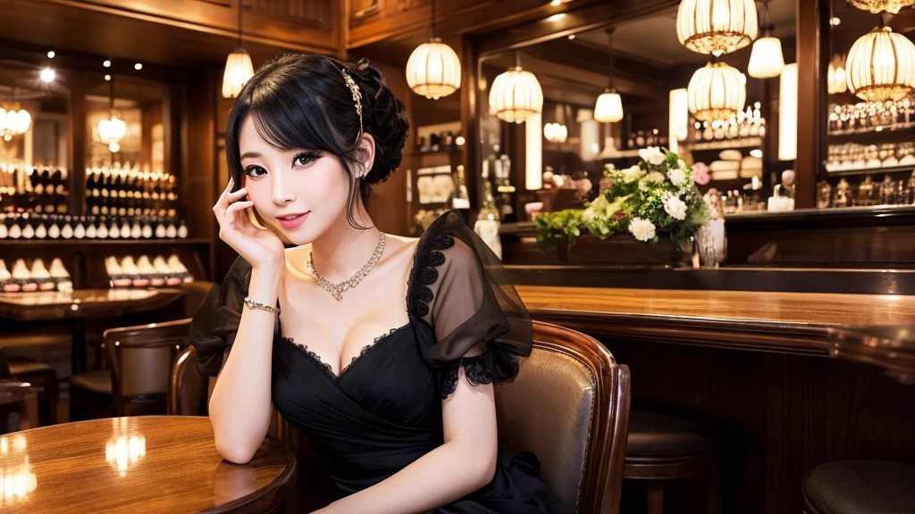 ・Cabaret club in Bukicho ・Japanese woman in her 20s ・Wearing a gorgeous dress ・Serving customers while sitting on a chair ・Luxurious atmosphere inside the store ・Large black eyes and long eyelashes、Small nose and mouth、Plump Cheeks
