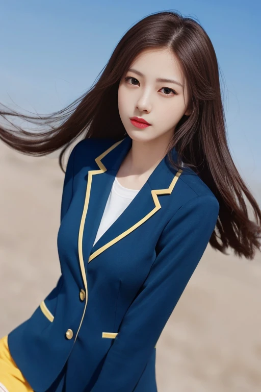 detailed and realistic portrait of a girl with a clean face), (round eyes and long flutters hair shot outside),staring at camera,magical photography, with dramatic lighting, photo realism, Ultra-detailed, (centered image composition), (close up shot:1.6),Best Quality,f/1. 8, 85mm, (18-year-old Asian female), black_heads,(black_eyes:1.2),(bangss),makeups,white_one-piece, (hazy blue_sky_Background with), ((full body shooting)), (Yellow Blazer, bows, Sneakers, Black stockings, High School Uniform: 1.2, ), black simple background