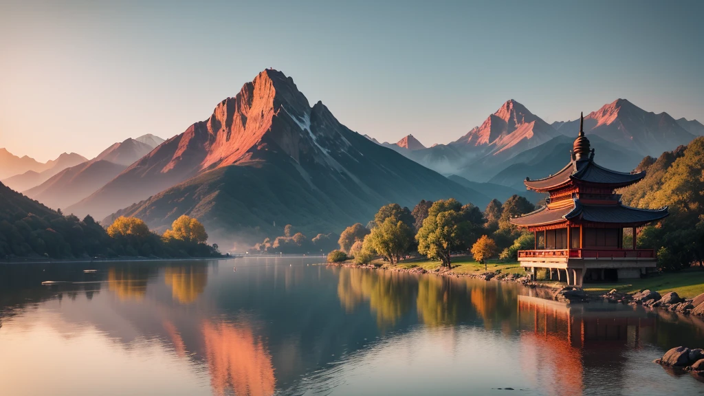 a traditional landscape of East Asia. It shows a quiet scene with hazy mountains in the background, a peaceful lake in the center, and many boats are floating on the water. There are trees and large rocks scattered everywhere, with pagoda-style houses hidden among the mountains. The sky is dyed pink and blue, suggestive of sunrise or sunset. This photo is interesting because of its peaceful combination and skillful use of water level to create depth and atmosphere for the painting.. Pretty