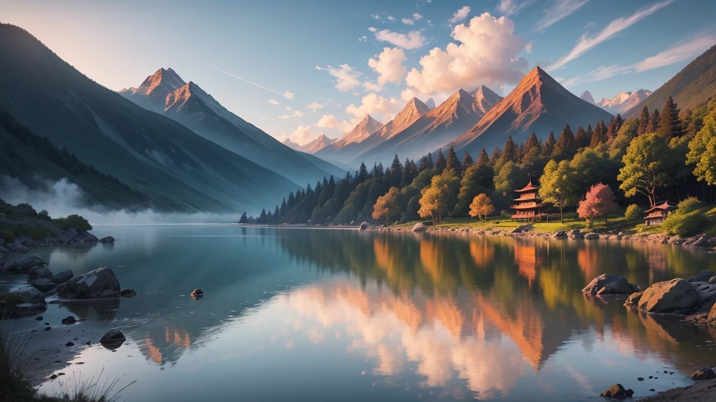 a traditional landscape of East Asia. It shows a quiet scene with hazy mountains in the background, a peaceful lake in the center, and many boats are floating on the water. There are trees and large rocks scattered everywhere, with pagoda-style houses hidden among the mountains. The sky is dyed pink and blue, suggestive of sunrise or sunset. This photo is interesting because of its peaceful combination and skillful use of water level to create depth and atmosphere for the painting.. Pretty