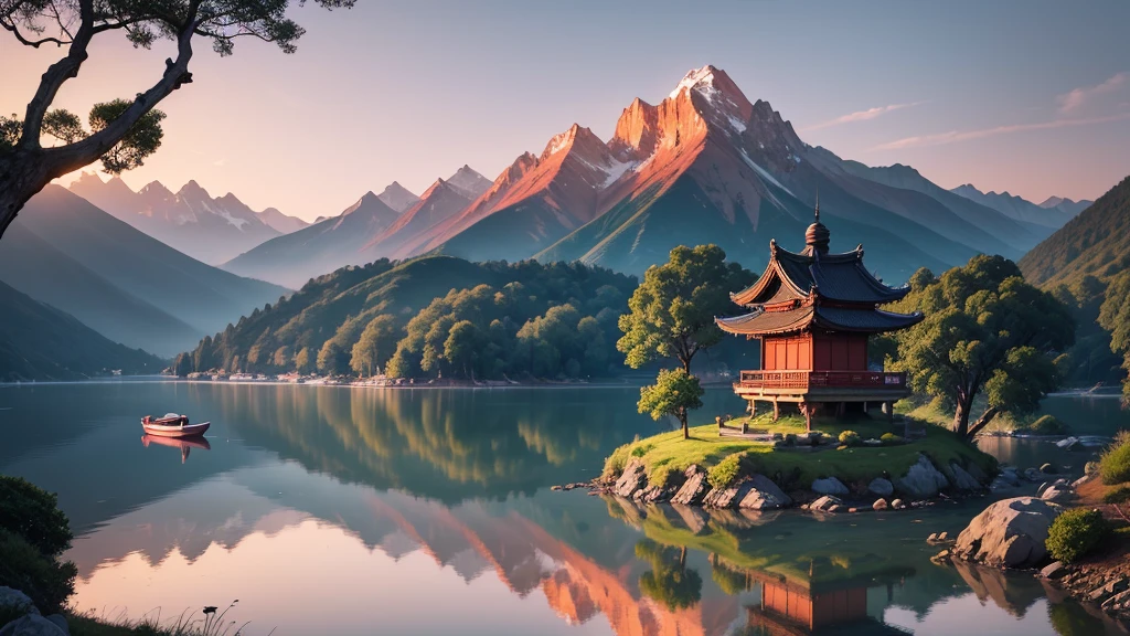 a traditional landscape of East Asia. It shows a quiet scene with hazy mountains in the background, a peaceful lake in the center, and many boats are floating on the water. There are trees and large rocks scattered everywhere, with pagoda-style houses hidden among the mountains. The sky is dyed pink and blue, suggestive of sunrise or sunset. This photo is interesting because of its peaceful combination and skillful use of water level to create depth and atmosphere for the painting.. Pretty