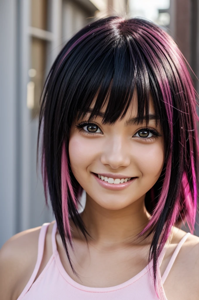 An anime girl with mixed with black and dark pink hair, dark pink eyes, smiling softly