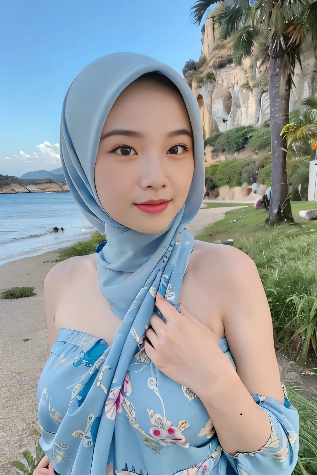 1girl, big breast, solo, blue sky, ocean, patung dress, (very detailed background:1.0), (highly detailed background:1.0), beautiful detailed eyes, beautiful detailed lips, extremely detailed face and eyes, long eyelashes, photorealistic, 8k, high quality, realistic, masterpiece, seamless, detailed landscape, vivid colors, cinematic lighting, golden hour, dramatic lighting, ethereal, dreamy, whimsical