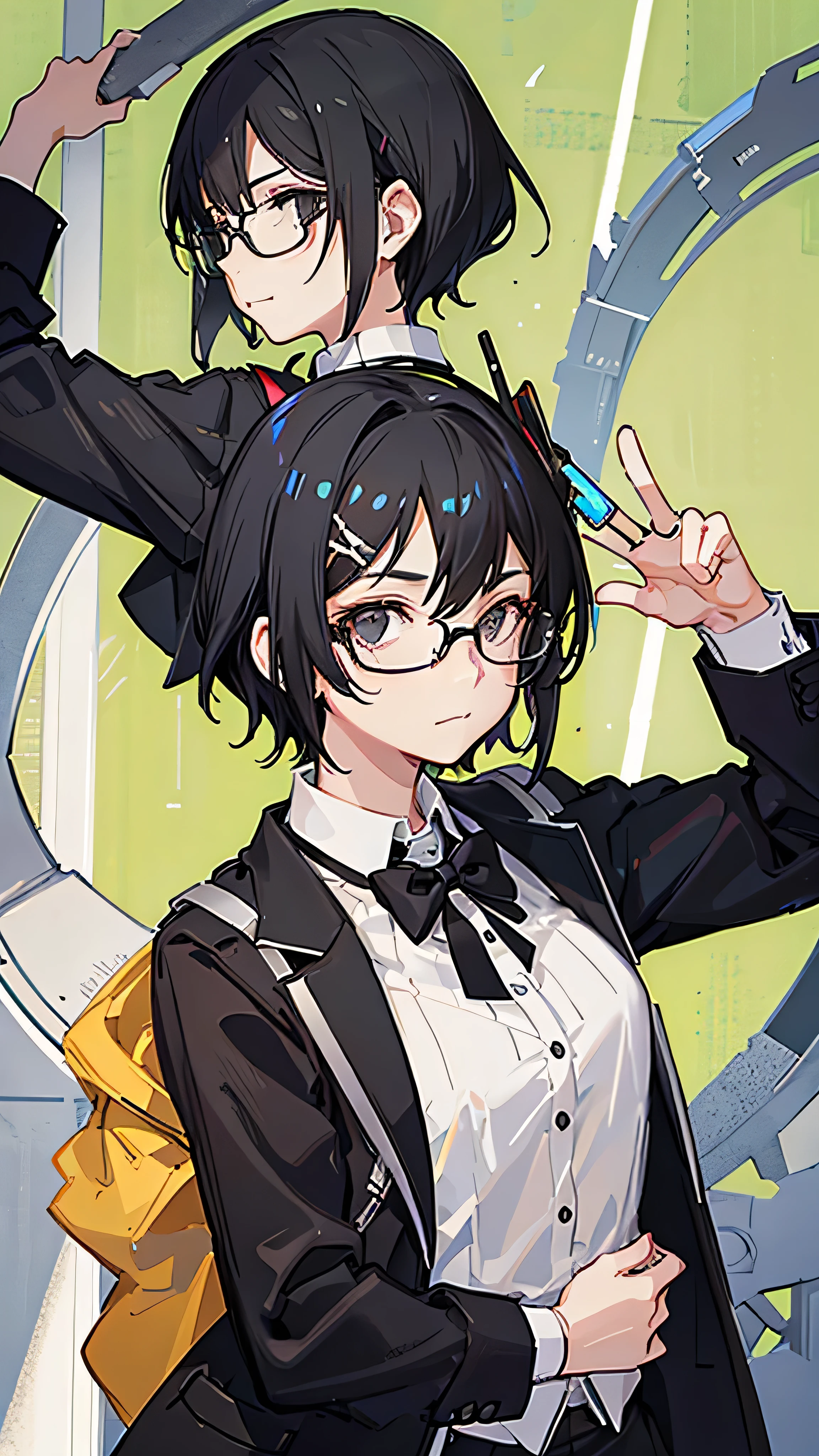 A woman with short black hair, wearing glasses, not smiling, and wearing a small clip.