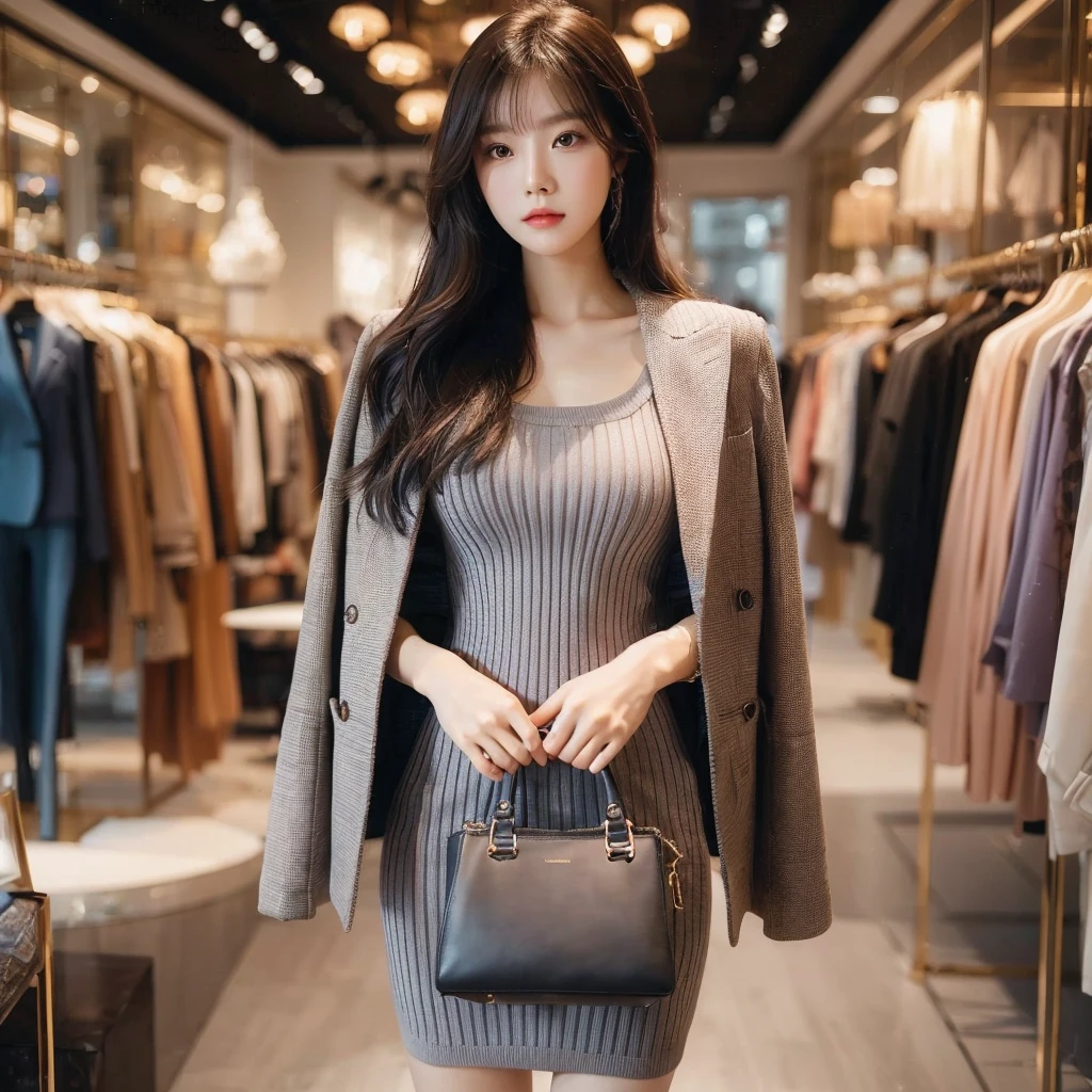 a beautiful chinese girl, wearing a clenched ribbed dress, covered by a stylish outer blazer, standing in a fashionable boutique clothing store, carrying a women's handbag, 1girl, extremely detailed, photorealistic, high quality, intricate details, studio lighting, cinematic bokeh, vibrant colors, warm lighting