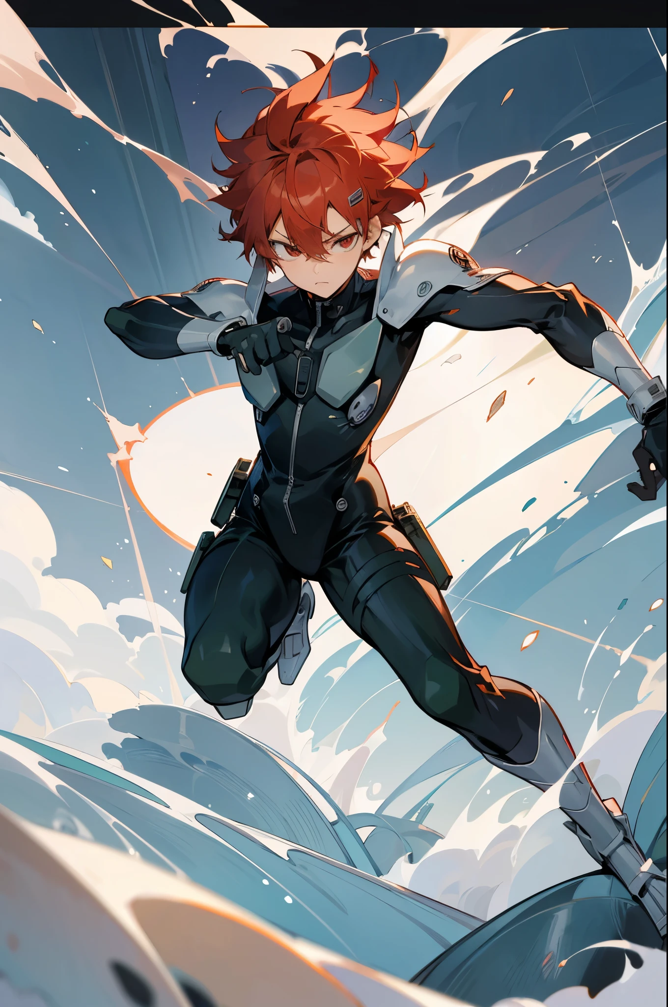 1 male, solo, red hair , anime character wearing combat suit, kaworu nagisa, anime handsome man, male anime character, tall anime guy with red eyes, hajime yatate, anime, fubuki, action anime pose, yukito kishiro, young anime man, official art, makoto kano, male anime style, masterpiece, rtx, ray tracing, highly detailed, best quality, official art
