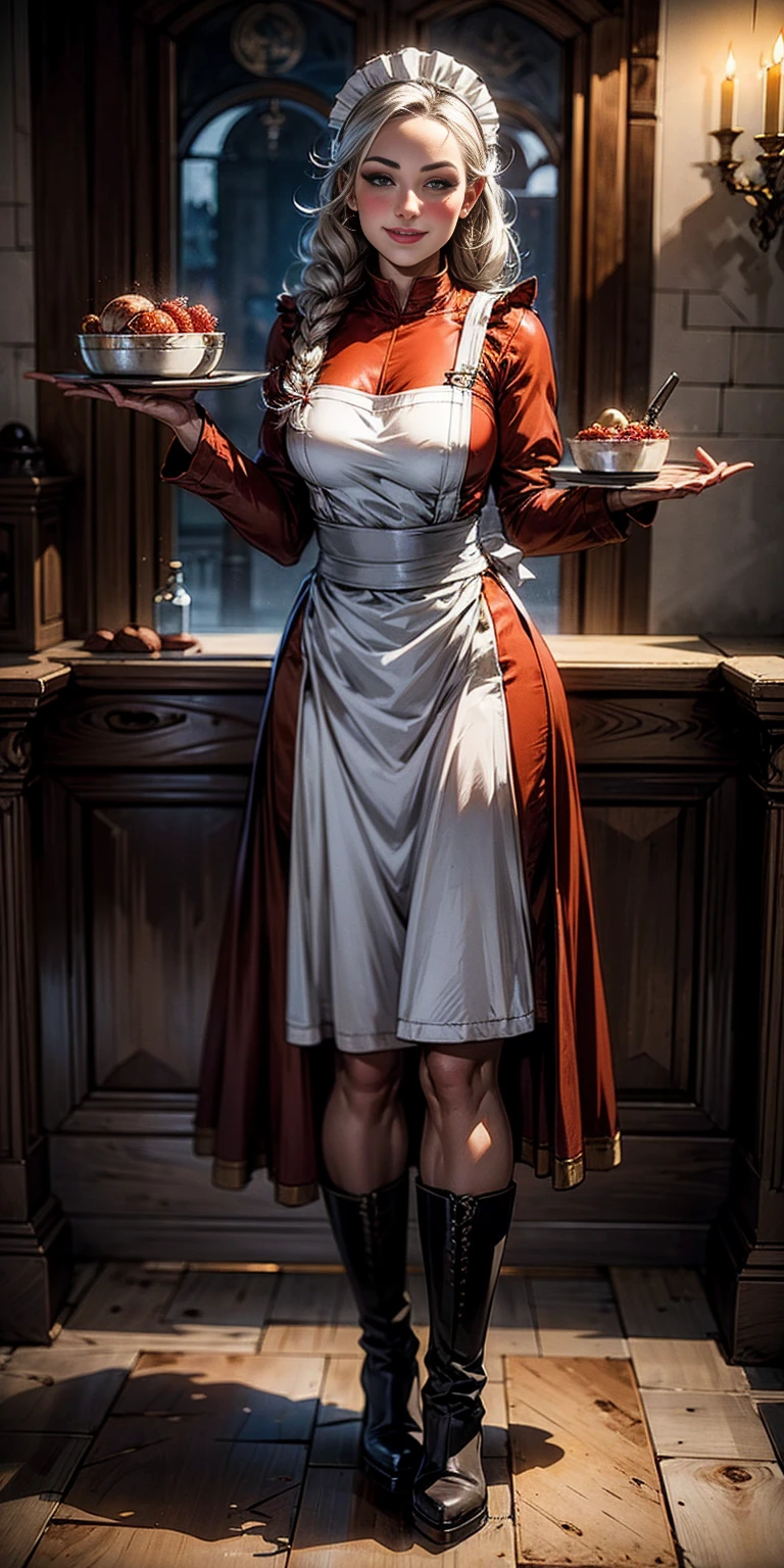 full body standing straight symmetrical, lustful smirking smile face red blush red cheeks, looking at viewer, holding tray, braid, maid headdress, maid, dress, apron, long sleeves, brown pantyhose, long leather militar boots, thighs, long white hair, masterpiece