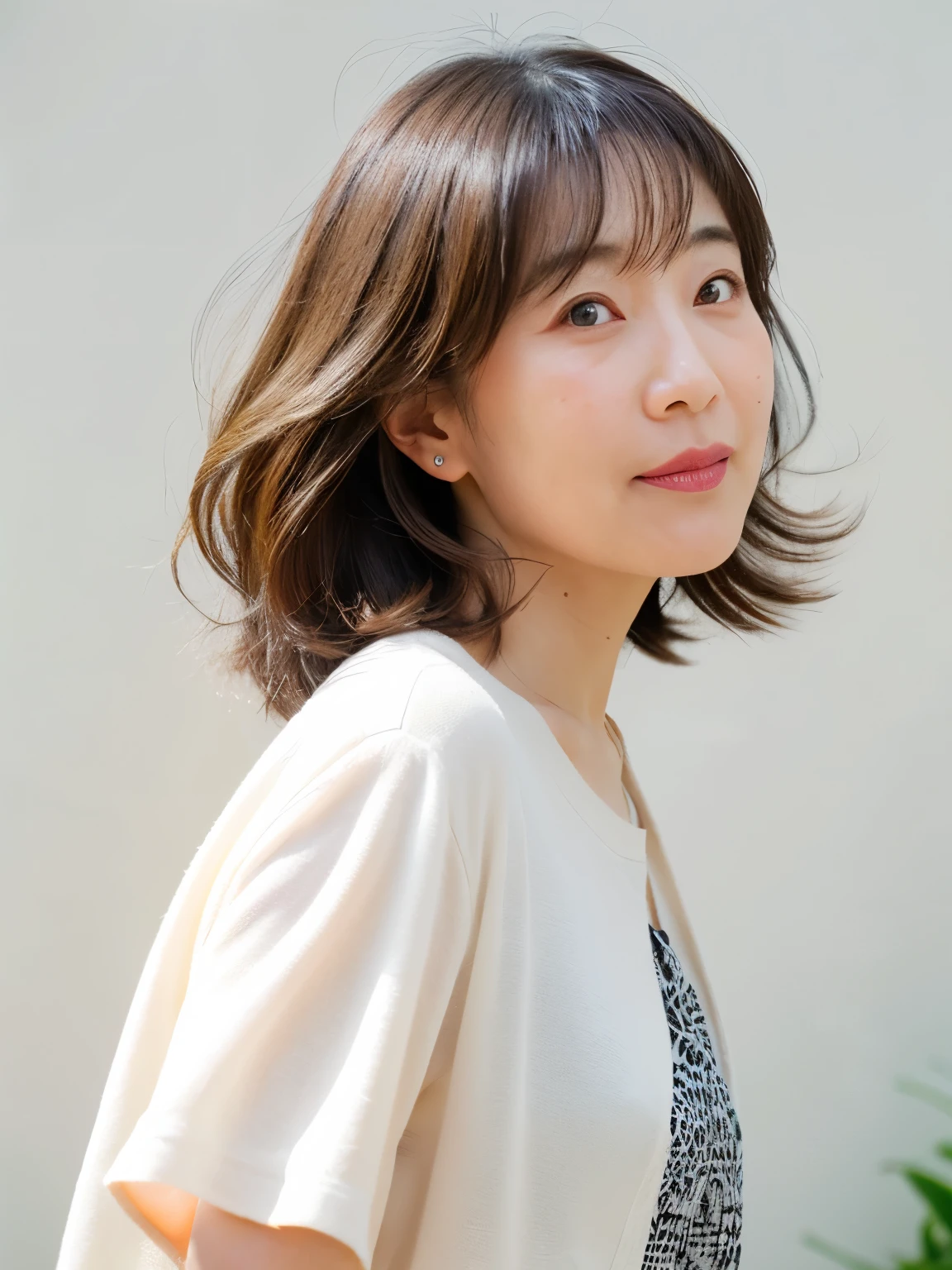 A slightly overweight Japanese woman in her 40s, Good wife, Gray hair blur、Highlight Color、Hair with highlights、Cute face, Detailed face, fine grain, Medium Hair、Shoulder-length hair、Neat, Short sleeve white shirt, early summer, Fine weather, sunny, Photographed in front of a white wall, Portraiture、Photographed in natural light、Tabletop、cardigan、profile、Fluffy hair