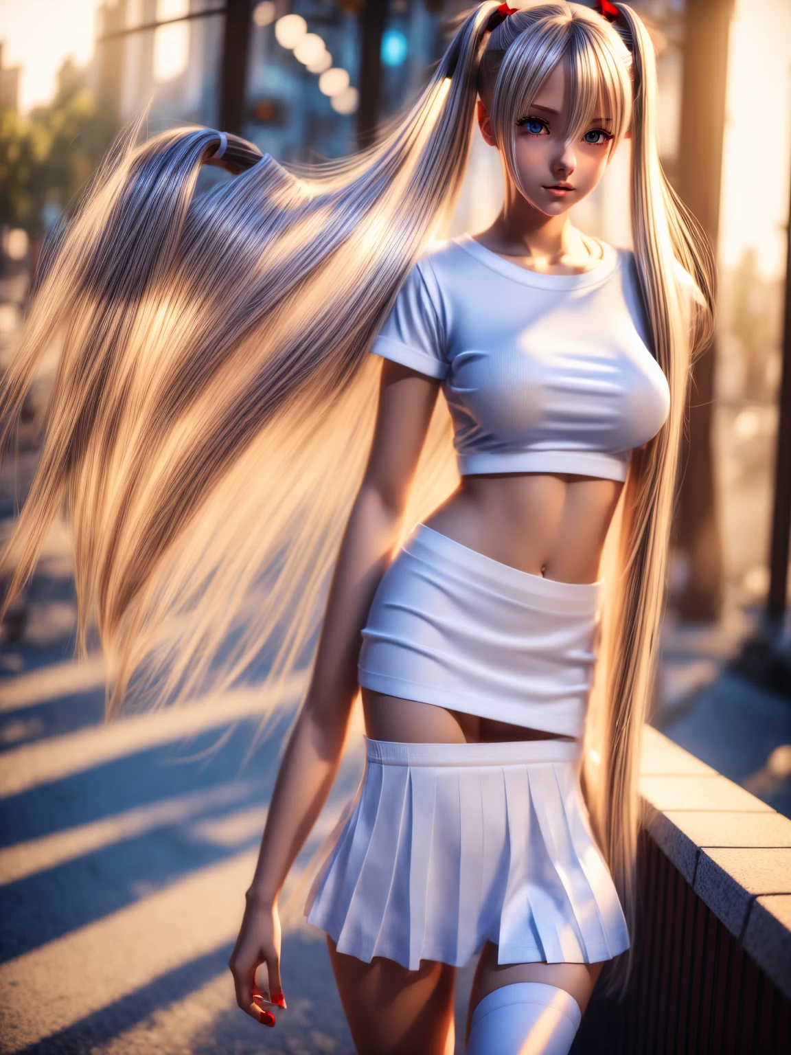 1girl,masterpiece,best quality,blonde hair,ponytails,blue eyes,(white stockings),(red plaid skirt),standing,in full length,medium breasts,white t shirt,in front of streets,extremely detailed,[[realistic]],beautiful alluring anime teen,seductive anime girl,perfect body,perfect legs