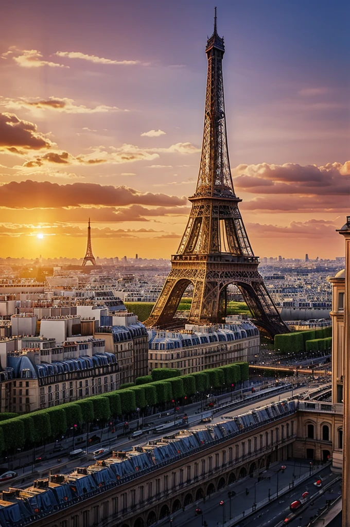 Estilo Hiperrealista: "Generates a hyper-realistic image of the Eiffel Tower at sunset in Paris. The scene must capture the metal structure accurately, con detalles realistas de los reflejos del sol poniente en el metal. The sky should show warm tones like orange, rosas y morados, creating a romantic atmosphere. Includes iconic Parisian buildings in the background with soft lighting to emphasize the tower's silhouette. The water of the Seine River must faithfully reflect the colors of the sky and the structure.