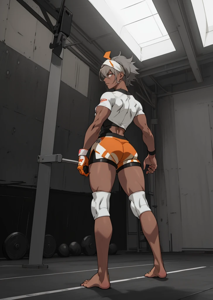 [Bea], [Pokemon], ((masterpiece)), ((high quality)), ((HD)), ((detailed shading)), ((beautiful solo portrait)), ((full body)), ((back view)), ((anime)), {attractive woman, (dark skin, short white hair, (beautiful light-grey eyes), (thicc thighs), (gorgeous hips), (beautiful muscular legs), (beautiful feet), (defined muscles), (expressionless)}, {(short-sleeve shirt), (bodysuit under clothes), (print shorts), (single glove), (headband), (white knee pads), (barefoot)}, {(standing), (arms at sides), (looking ahead)}, [background; (gym), (ceiling lights), (ambient lighting)]