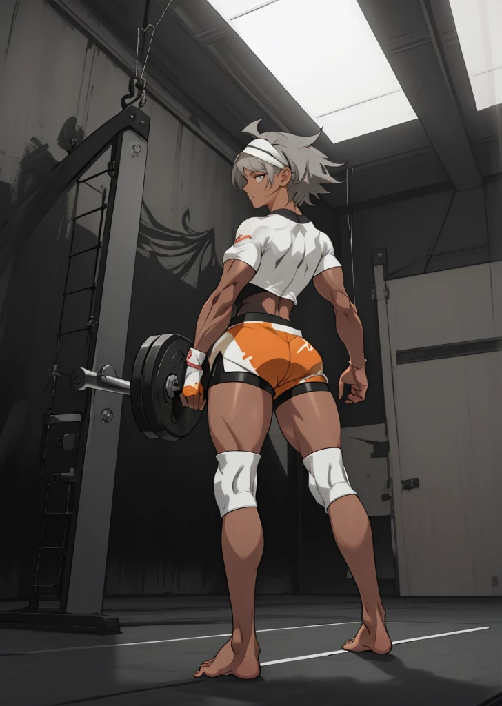 [Bea], [Pokemon], ((masterpiece)), ((high quality)), ((HD)), ((detailed shading)), ((beautiful solo portrait)), ((full body)), ((back view)), ((anime)), {attractive woman, (dark skin, short white hair, (beautiful light-grey eyes), (thicc thighs), (gorgeous hips), (beautiful muscular legs), (beautiful feet), (defined muscles), (expressionless)}, {(short-sleeve shirt), (bodysuit under clothes), (print shorts), (single glove), (headband), (white knee pads), (barefoot)}, {(standing), (arms at sides), (looking ahead)}, [background; (gym), (ceiling lights), (ambient lighting)]