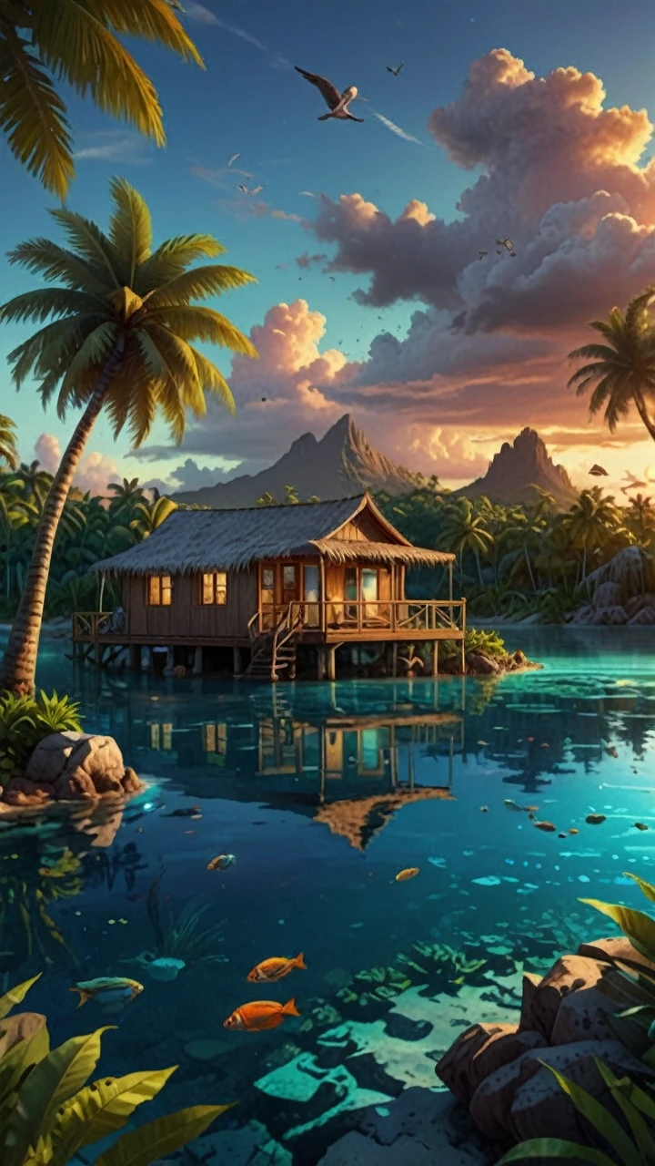 tropical island with glowing lagoons, (wide angle view:1.2), beautiful composition, super sharp, crisp, clear, true to life, raw, real, realistic, extremely high-resolution details, realism pushed to extreme, fine texture, incredibly life like, hyperrealistic detailed image, infinite focus, clear and detailed throughout