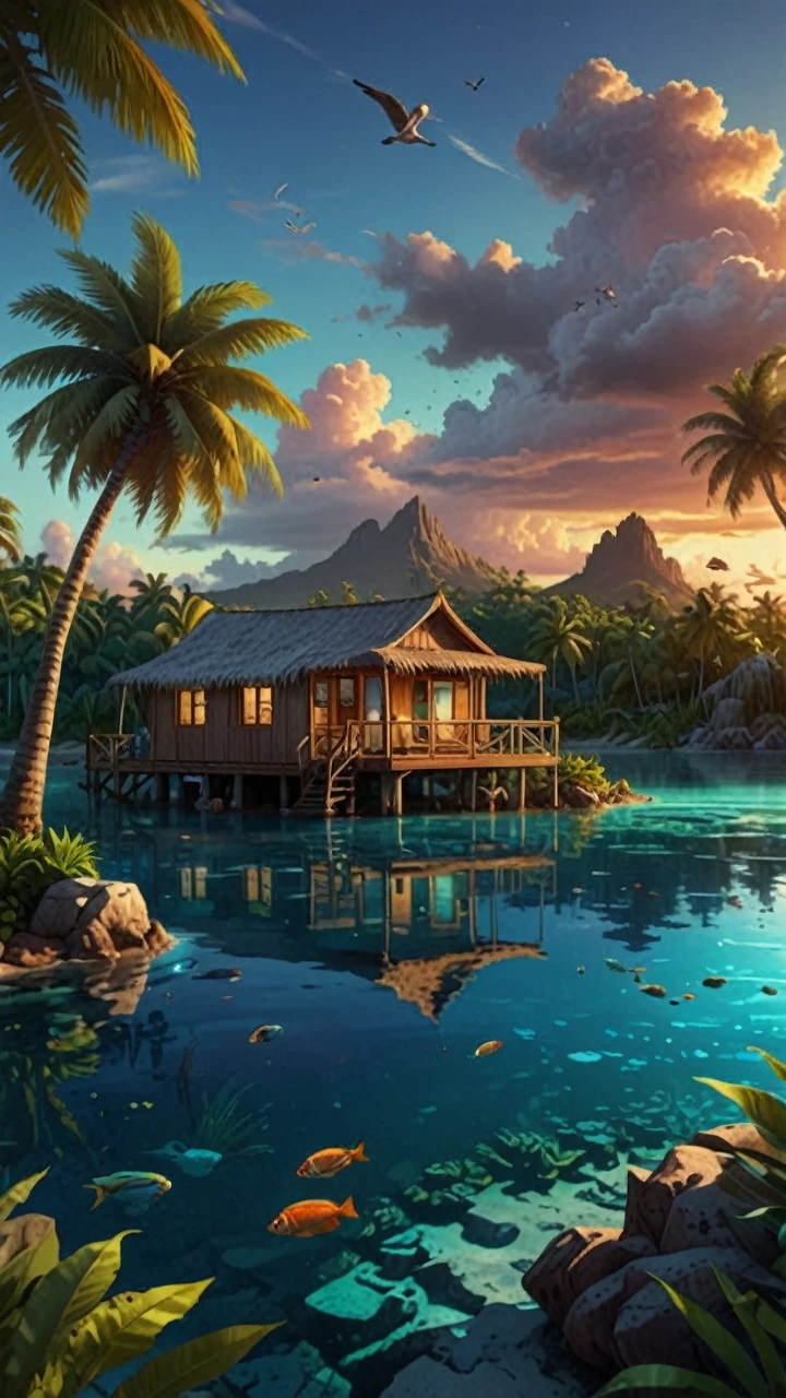 tropical island with glowing lagoons, (wide angle view:1.2), beautiful composition, super sharp, crisp, clear, true to life, raw, real, realistic, extremely high-resolution details, realism pushed to extreme, fine texture, incredibly life like, hyperrealistic detailed image, infinite focus, clear and detailed throughout
